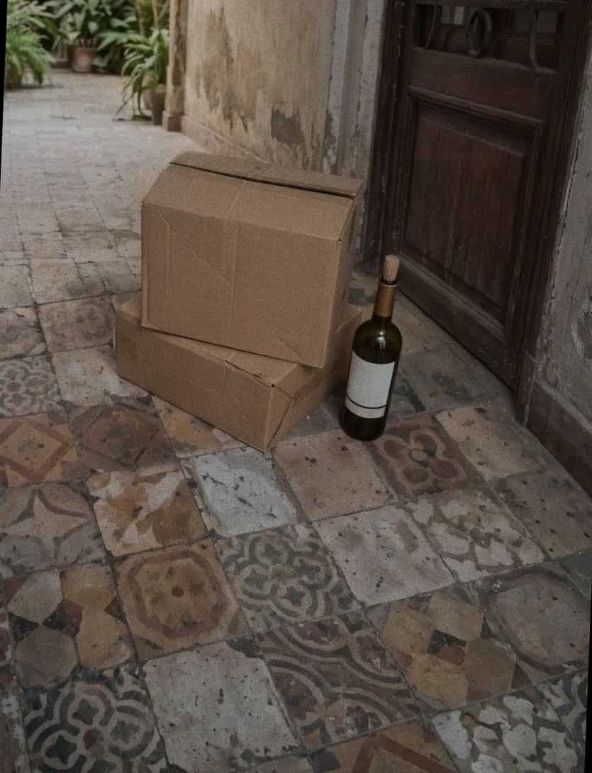 Dos cajas de cartón y una botella de vino en el piso del zaguán