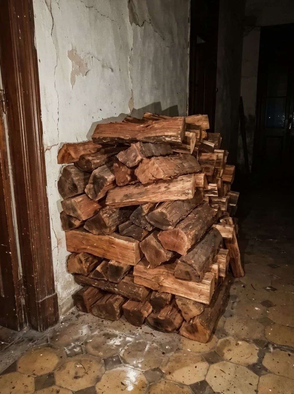 Pila de leña de quebracho contra la pared del zaguán, de noche, con flash