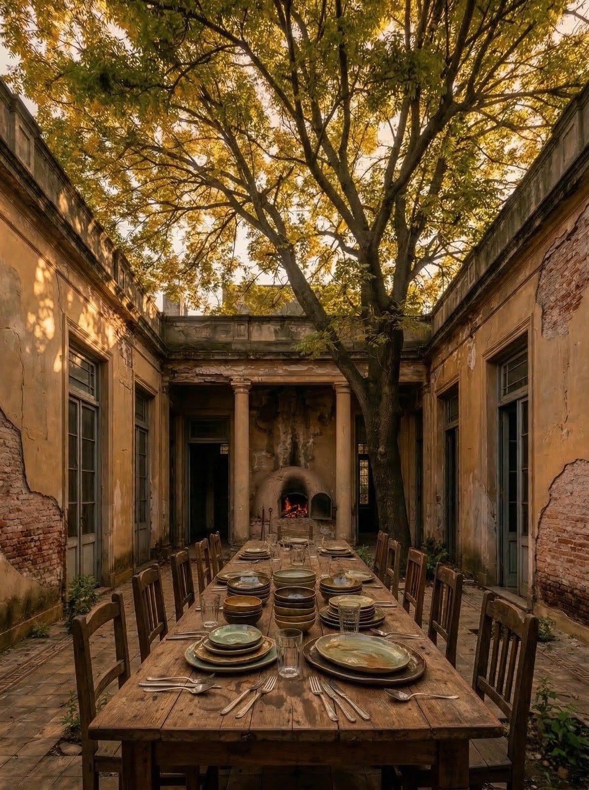 Mesa larga en el patio de Rescoldo, vajilla de cerámica bajo el árbol