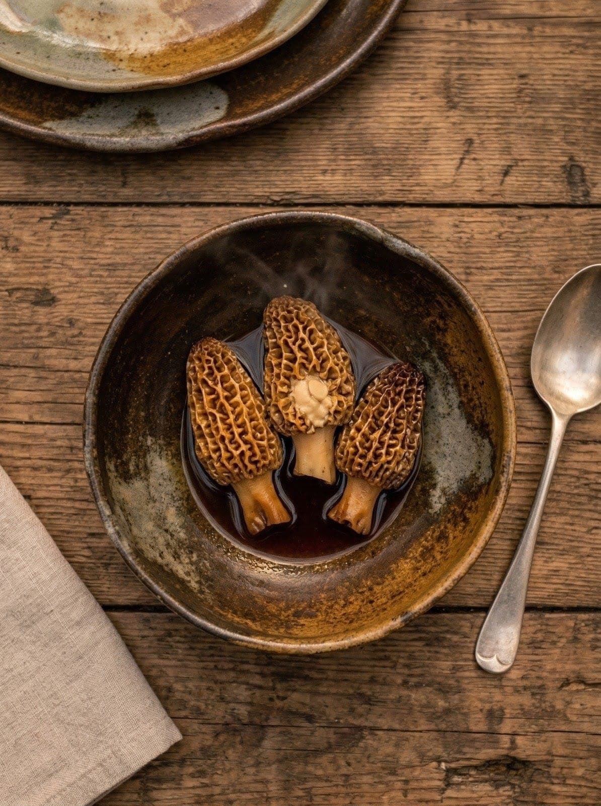 Tres morillas rellenas de miso en caldo de huesos oscuro, en cuenco de gres sobre la mesa de madera