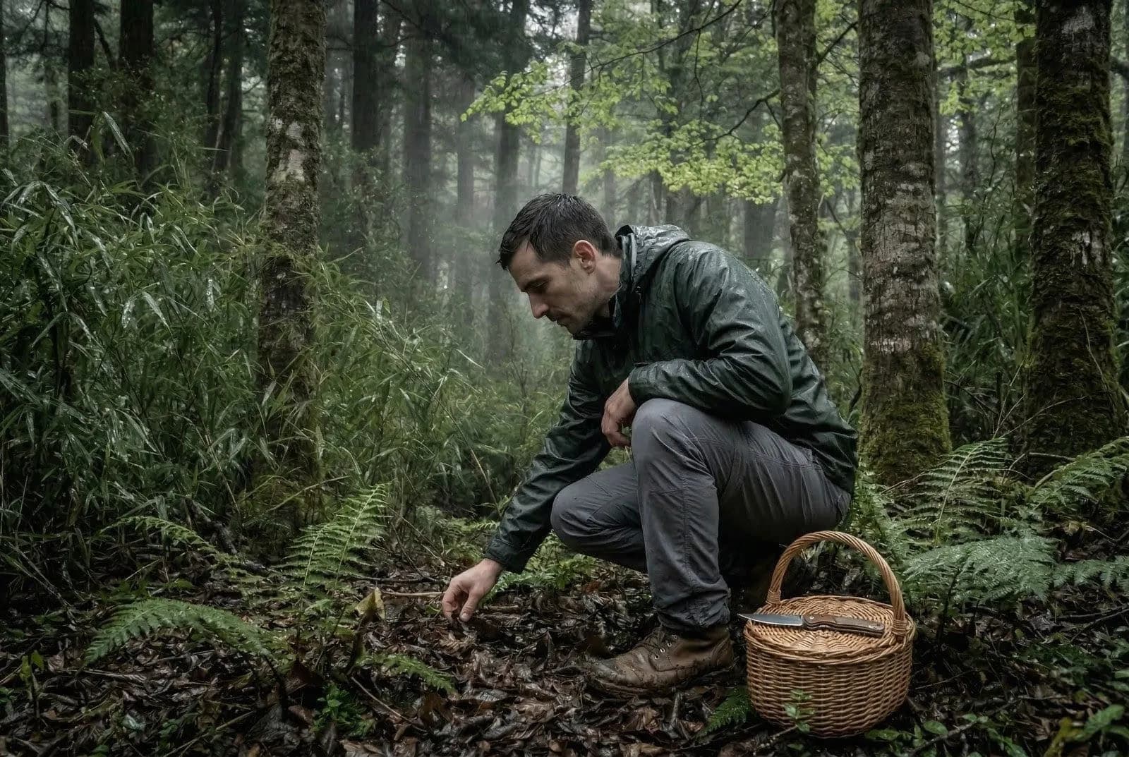 Santiago Orbe buscando hongos en el bosque de lenga