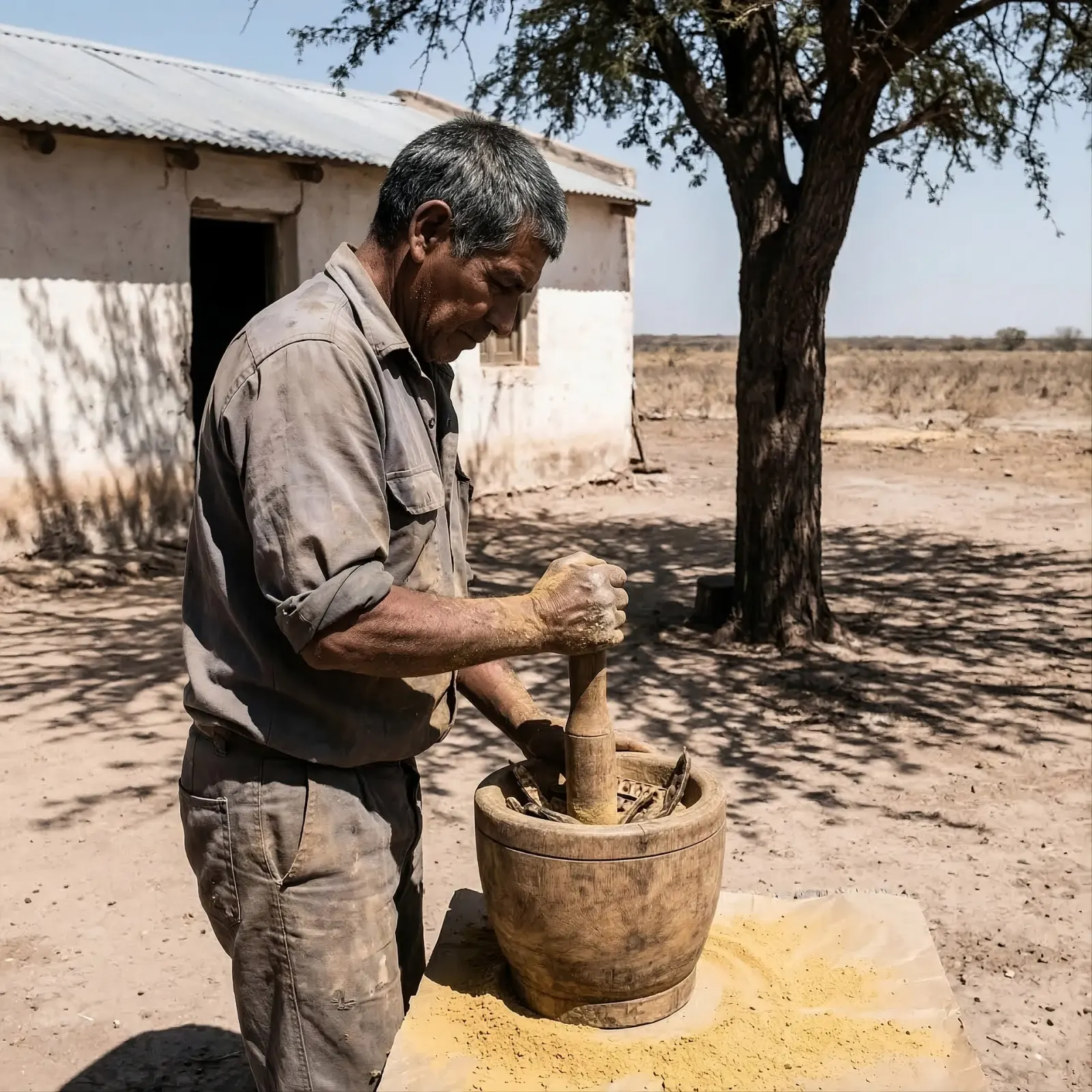 Raúl Cálderes moliendo algarroba