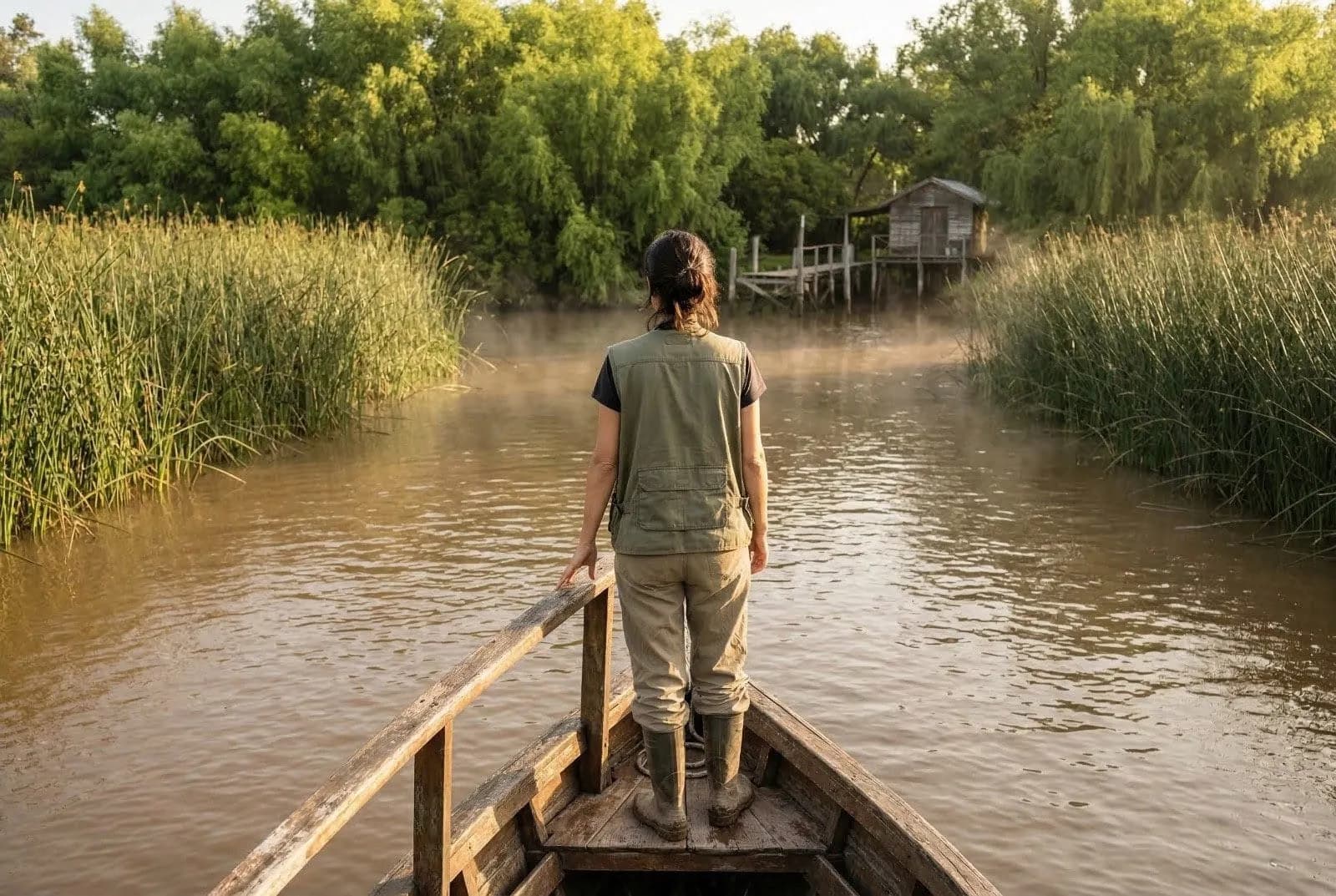 Pilar Iraola en la lancha por los arroyos del Delta
