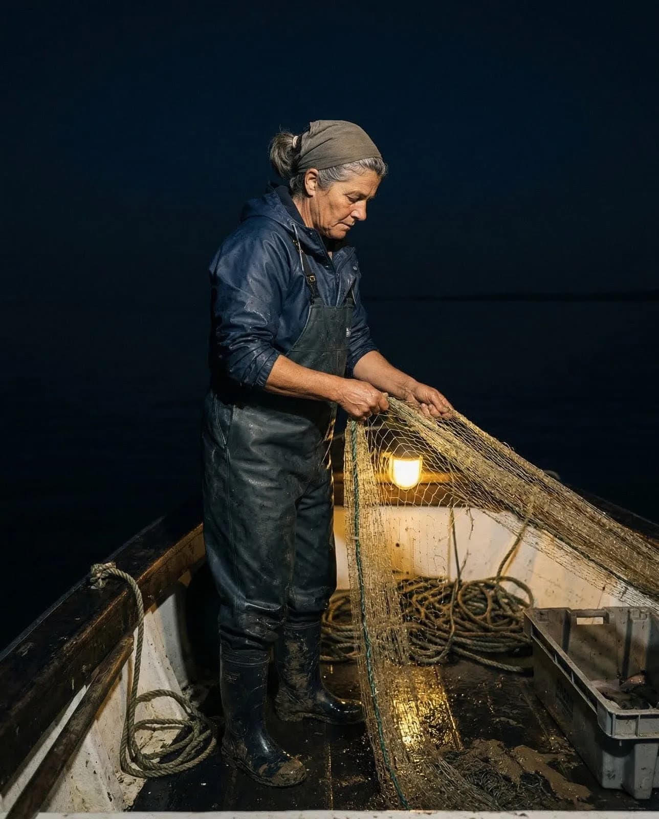 Ramona Calderón pescando de noche en Bahía Samborombón